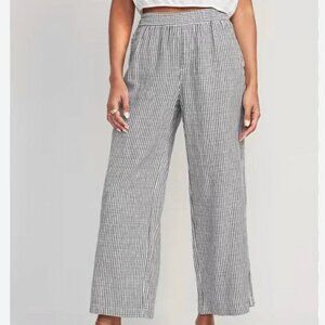 Old Navy Linen Blend High Rise Wide Leg Pants Gray Striped Beach Vacation Large
